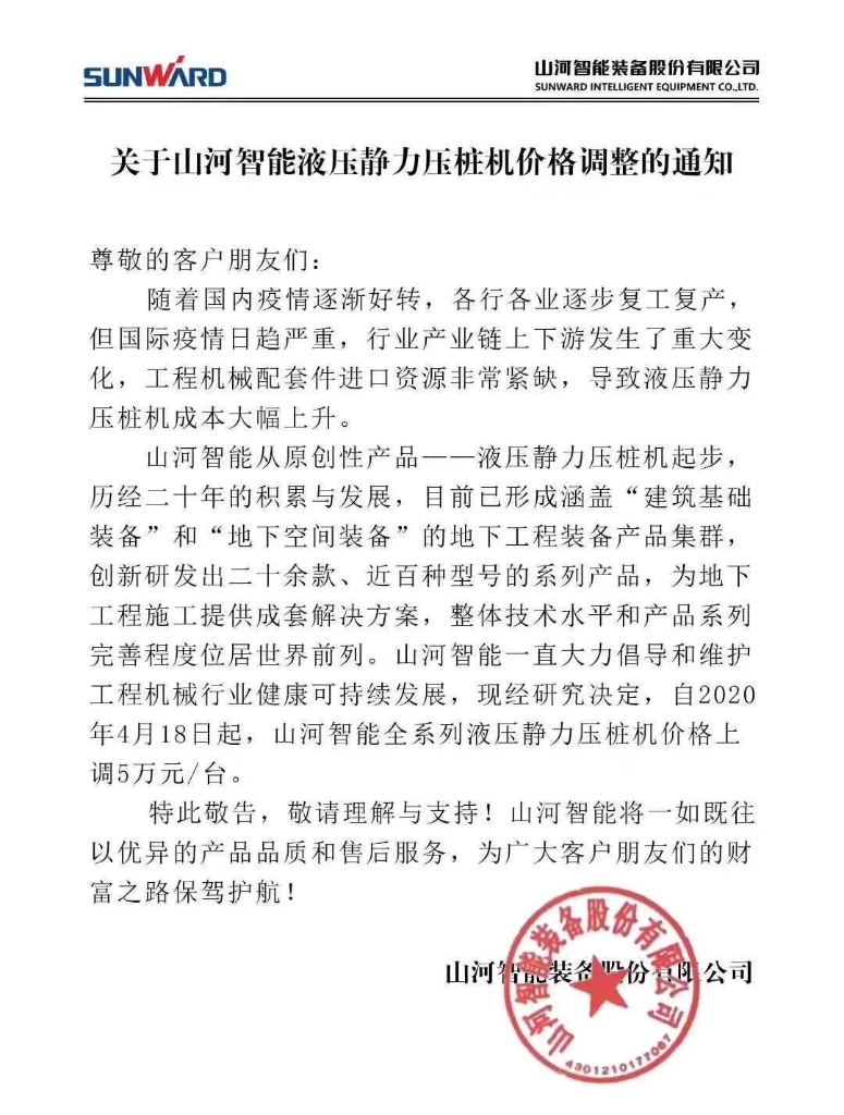 关于必发集团智能液压静力压桩机价值调整的通知